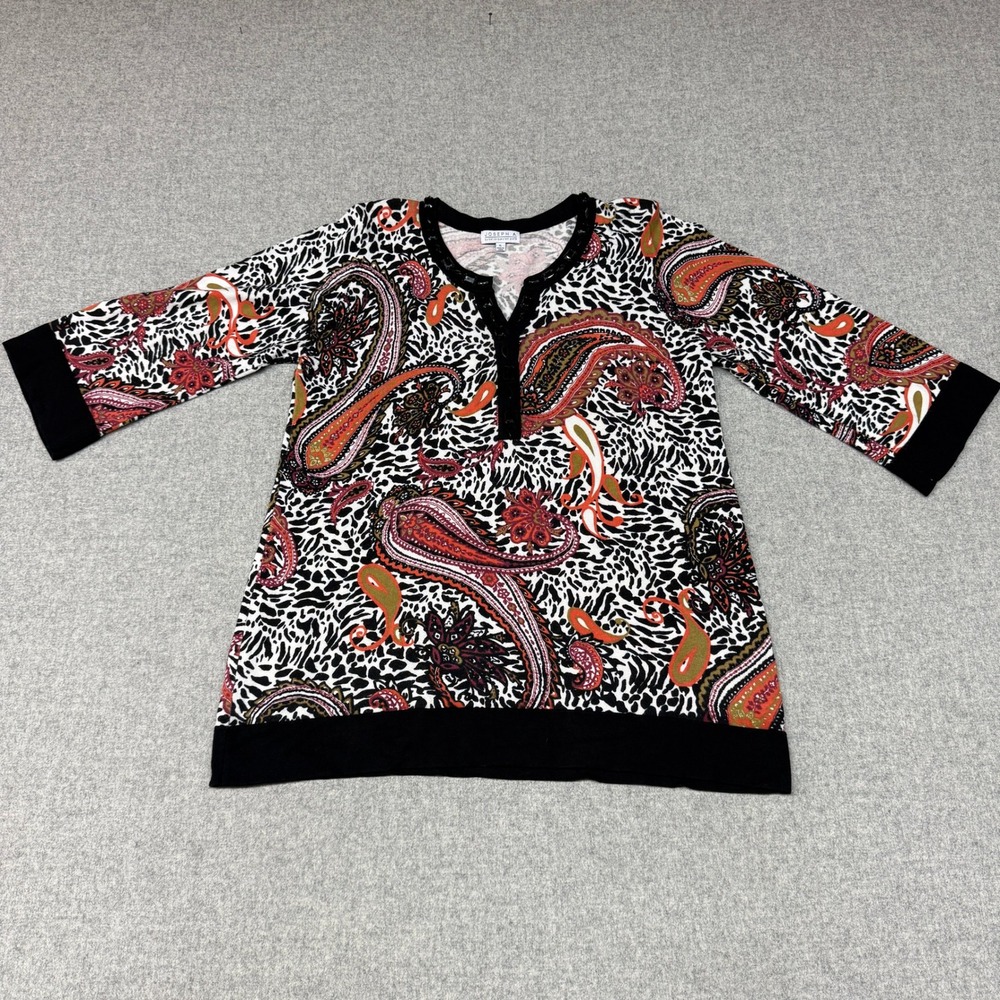 Joseph A. Paisley Leopard Print Knit Tunic Top XL Multicolor 3/4 Sleeve Henley